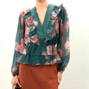 HUTCH Peplum Blouse Womens M Sema Floral Chiffon Romantic Ruffles Semi Sheer Top